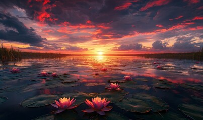 breathtaking sunset over the swamp, with vibrant red and orange hues painting across the sky as it sets behind an endless expanse of water lilies in the foreground. 