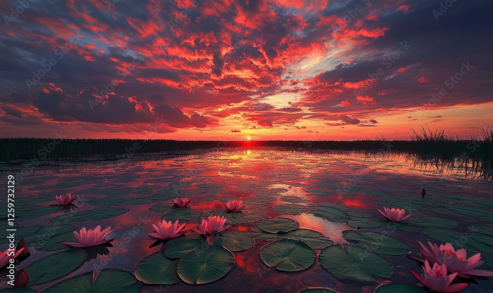 Poster breathtaking sunset over the swamp, with vibrant red and orange hues painting across the sky as it sets behind an endless expanse of water lilies in the foreground. 