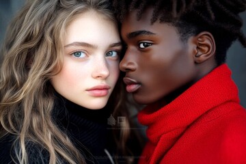 Obraz premium Sign of love and affection. Valentine's day, soulmatescouple: remarkable dazzling, image of loving interracial youth couple. Commercial digital ads concept art. Affectionate gaze. Loving gaze.