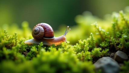A tiny snail's journey across a vibrant green mossy landscape, illuminated by soft sunlight