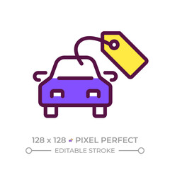 Buying car pixel perfect RGB color icon. Vehicle pricing tag, transport. Automobile maintenance. Financial management. Isolated vector illustration. Simple filled line drawing. Editable stroke