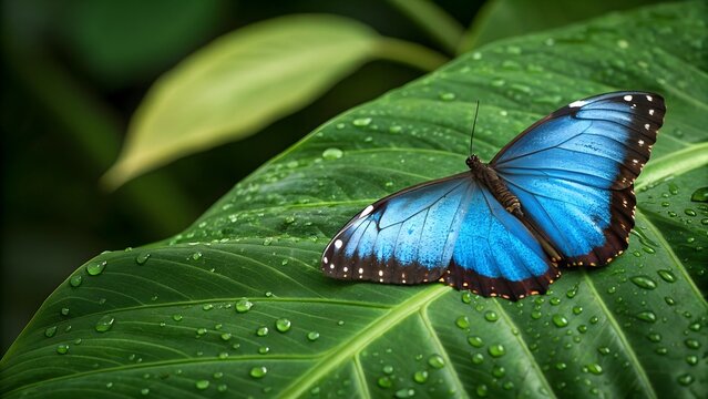 Blue Morpho Butterfly on Leaf: A vibrant blue morpho butterfly with iridescent wings rests delicately on a lush green leaf, adorned with glistening dewdrops.