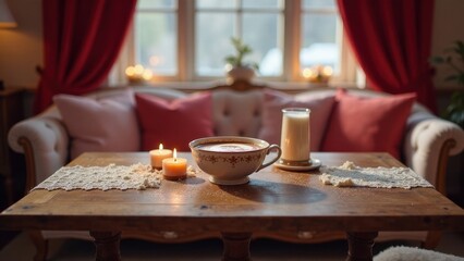Cozy autumn afternoon with a warm beverage and candlelight on a rustic table