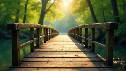 Fototapeta premium A Serene Wooden Footbridge Spanning a Tranquil Stream, Bathed in the Golden Light of a Setting Sun, Beckoning Towards a Peaceful, Verdant Forest