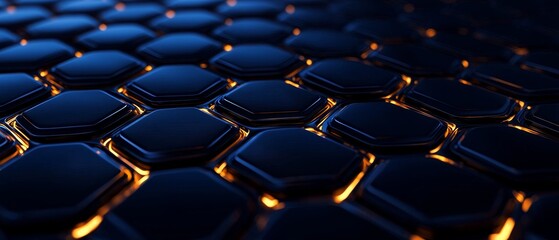 Fototapeta premium A close-up view of hexagonal patterns with a dark blue surface highlighted by vibrant golden edges, creating a modern, geometric design.