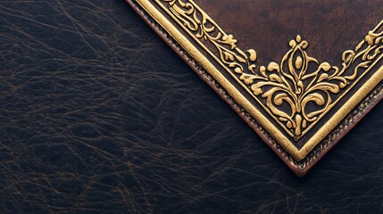 Fototapeta premium Ornate Gold Design on Dark Leather Book Corner