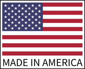 Made in America Label Sticker with USA Flag – Authentic Product Badge, Official Certification Mark, Export Quality Seal, Manufacturing Tag, Vector Design for Branding, Packaging and Trade