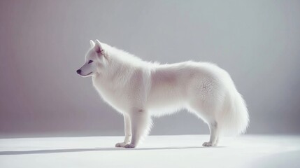 Fototapeta premium Profile Portrait of a Fluffy White Dog Standing Gracefully Against a Soft Background