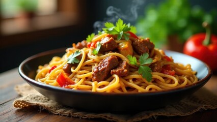 Fototapeta premium Aromatic Steaming Pasta with Savory Meat and Vibrant Vegetables in a Rustic Bowl