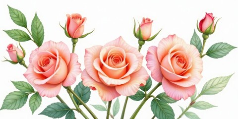 Fototapeta premium A Delicate Arrangement of Peach Roses with Lush Green Foliage, a Botanical Illustration