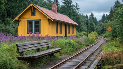 Rustic yellow train station, wildflowers, bench, railway, forest background