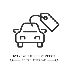Buying car pixel perfect linear icon. Vehicle pricing tag, transport. Automobile maintenance. Financial management. Thin line illustration. Contour symbol. Vector outline drawing. Editable stroke