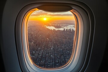 Aerial sunset view of NYC from airplane window