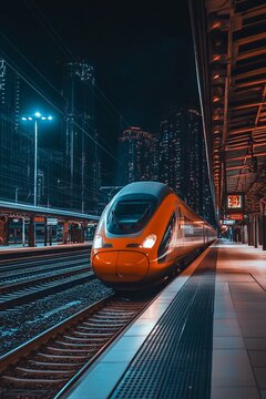Modern High-Speed Train At Night Platform