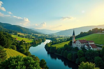 Fototapeta premium Serene River Valley Vista with Picturesque Church and Lush Green Hillsides at Sunset