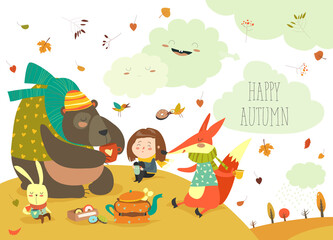 Fototapeta premium Girl with animals at picnic in autumn forest. Vector illustration