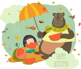 Cute girl with bear eating watermelon. Vector autumn illustration