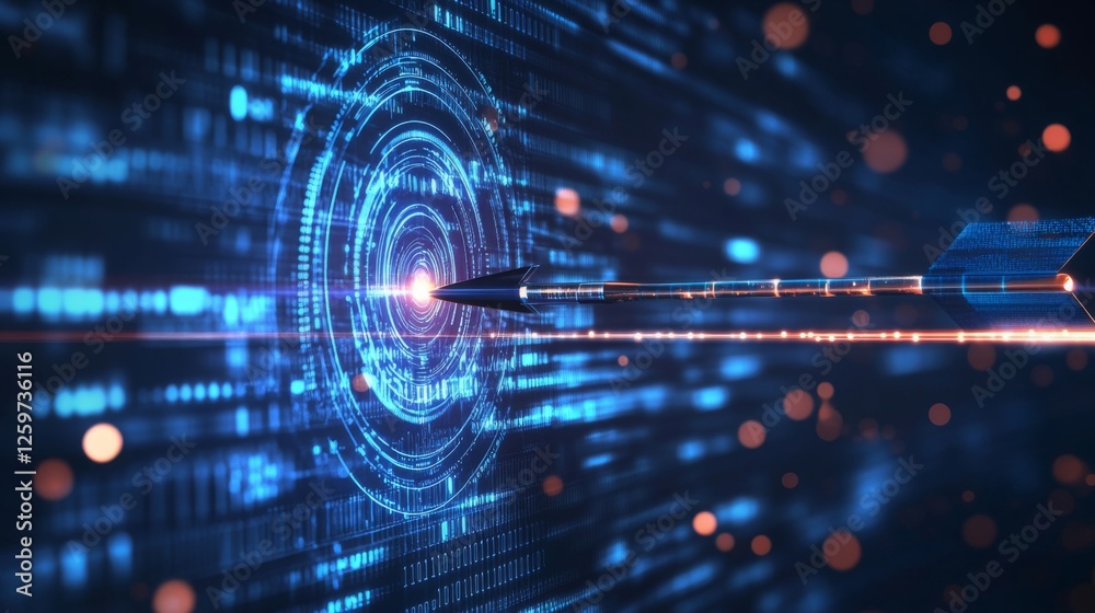 Leinwandbilder A futuristic image of a dart piercing through a digital circular pattern, symbolizing precision and data-driven insights.