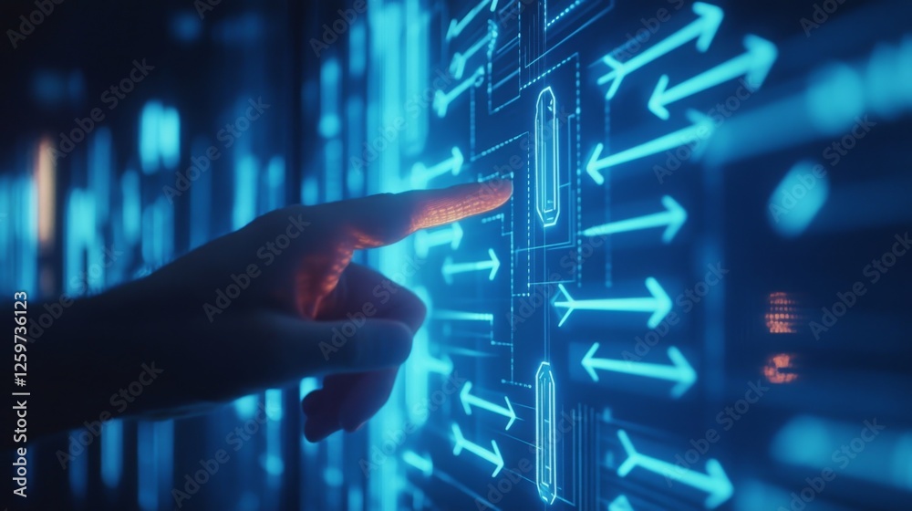 Poster a hand interacts with a glowing digital interface displaying arrows and buttons, symbolizing technol