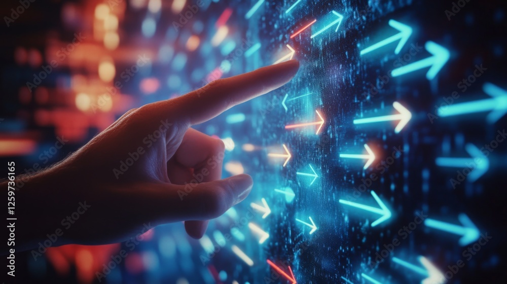 Leinwandbilder a glowing interface with arrows and a hand pointing, symbolizing technology, direction, and interact