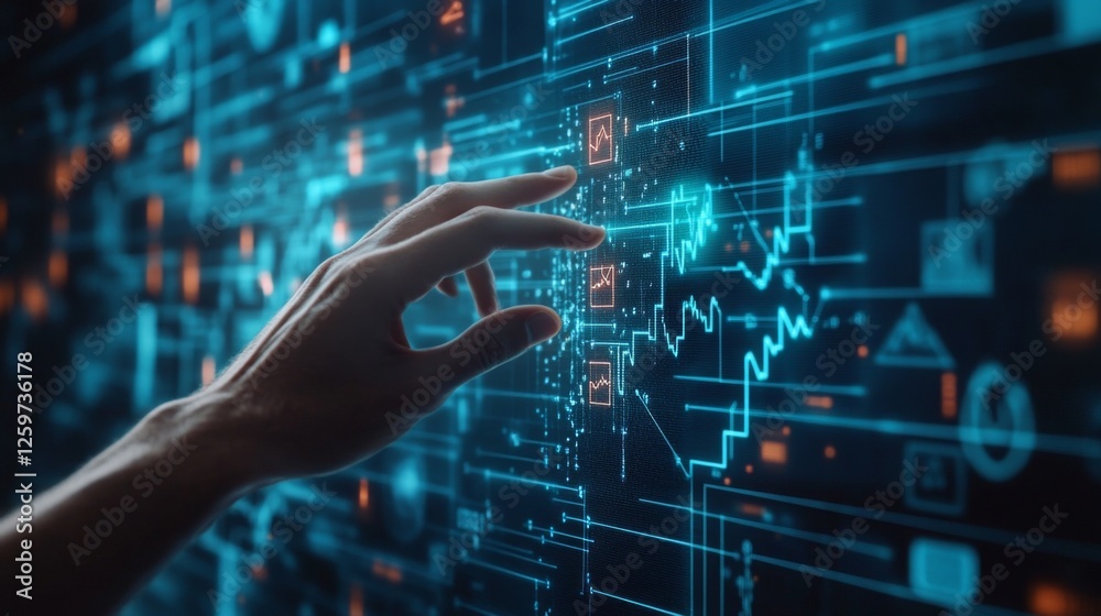 Poster a hand reaches towards a digital interface displaying graphs and data, symbolizing technology and in