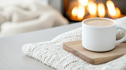 Cozy coffee cup by fireplace