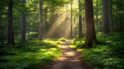 Obraz premium Sunbeams in forest path