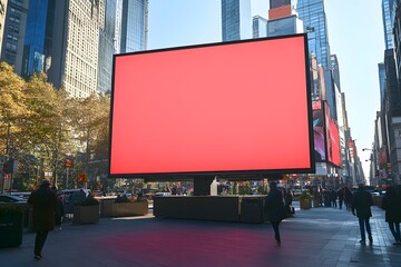 Red billboard, Times Square, NYC, pedestrians, advertising mockup