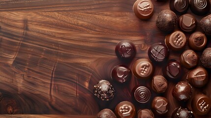 A Variety of gourmet chocolate on wooden table, food, dessert, valentine's day, chocolate art, food art, HD, banner wallpaper