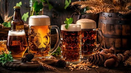 Variety of glasses of beer on wooden table, rustic theme, beer, alcohol, wheat, HD, drinks, table, wallpaper banner