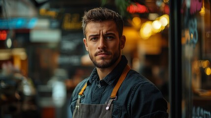 Serious barista, cafe, city, night, bokeh