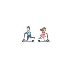 Two Cartoon Children Riding Scooters Outdoors in a Fun and Playful Scene