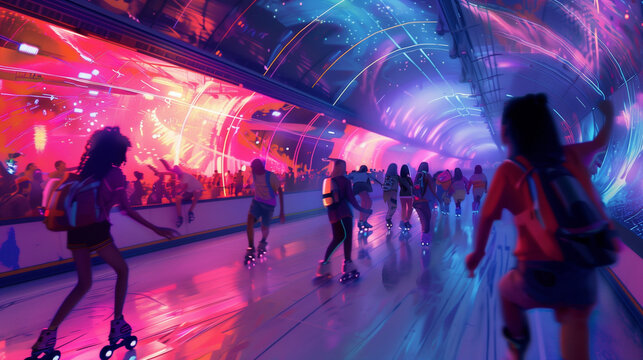 A roller-skating crowd speeds through a bright, futuristic tunnel, illuminated by pulsating electric colors, creating a dynamic and energetic scene of movement and light.
