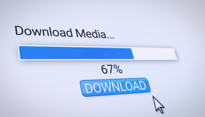 Illustration of a website with a blue download button. A computer monitor that displays the information about the downloading of data with percentages.