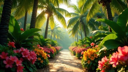Fototapeta premium Serene Pathway Through Lush Tropical Paradise with Vibrant Blossoms and Sunlight Dappled on Stone Walk