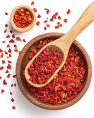 Dried red chili flakes in wooden bowl with spoon, adding flavor
