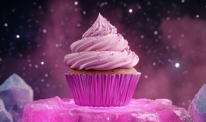 Pink cupcake cosmic dessert, ice crystals, galaxy background, food photography, website banner