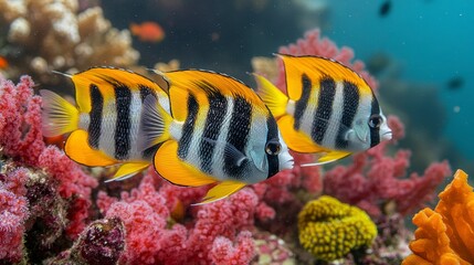 Two fish swim near coral reef. Underwater scene