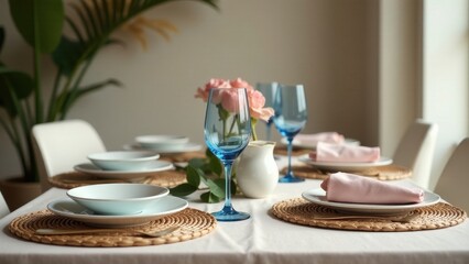 Fototapeta premium Elegant Table Setting with Pastel Accents and Woven Placemats