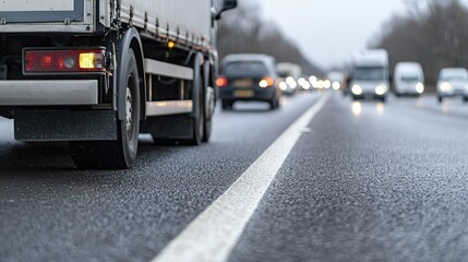 Truck traffic jam highway rain winter commute