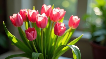 Fototapeta premium A radiant bouquet of pink tulips bathed in sunlight, showcasing vibrant petals and lush green foliage.