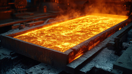 Industrial background of a steel mill with molten metal flowing in bright streams