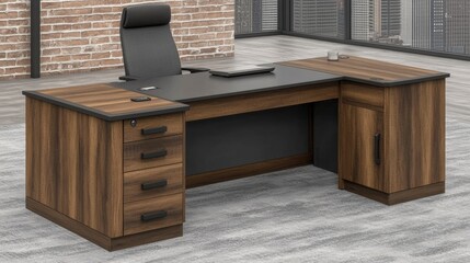 Modern Wooden Desk with Black Accents in a Contemporary Office Space