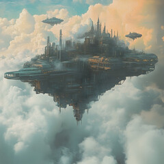 Fototapeta premium Floating City in the Clouds: An awe-inspiring digital artwork depicting a majestic floating city amidst a canvas of ethereal clouds.