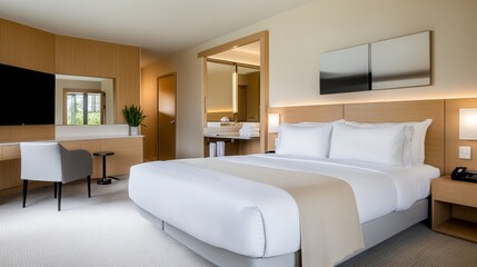 Modern hotel room with cozy bedding and minimalist décor