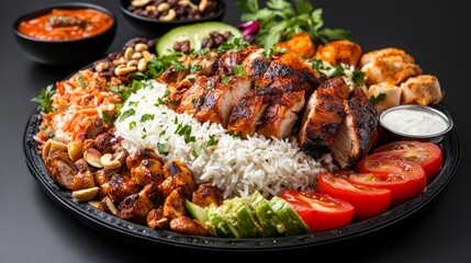 Fototapeta premium Delicious grilled chicken with rice and vegetables on a black platter