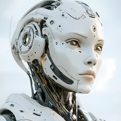 Fototapeta premium AI Portrait: A close-up of an artificial intelligence robot's face, revealing the intricate details of its mechanical structure. The robot's eyes are a mesmerizing blend of technology and emotion.