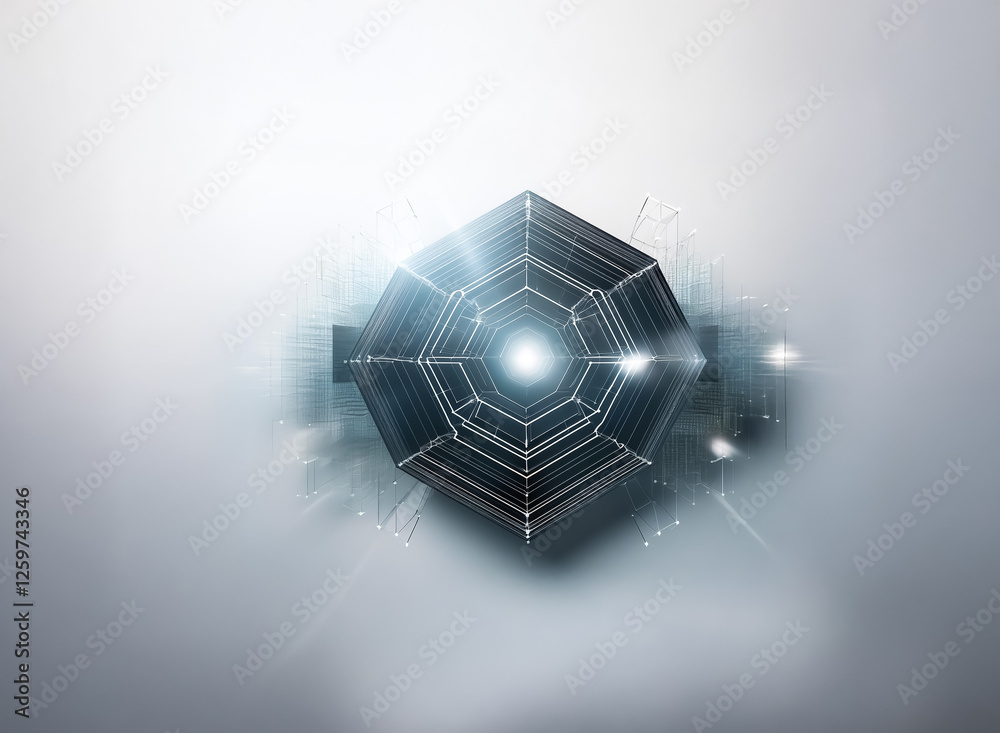 Fototapete abstract polygonal shape with a bright light at its center, floating against a soft, blurry backgrou