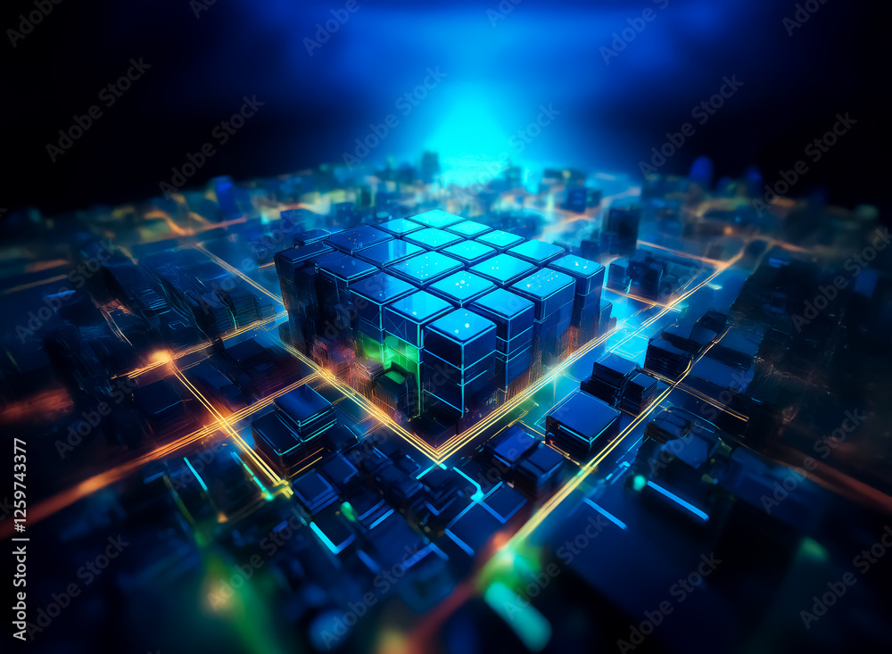 Aufkleber futuristic abstract cityscape with a central glowing blue cube structure. orange lines connect the d