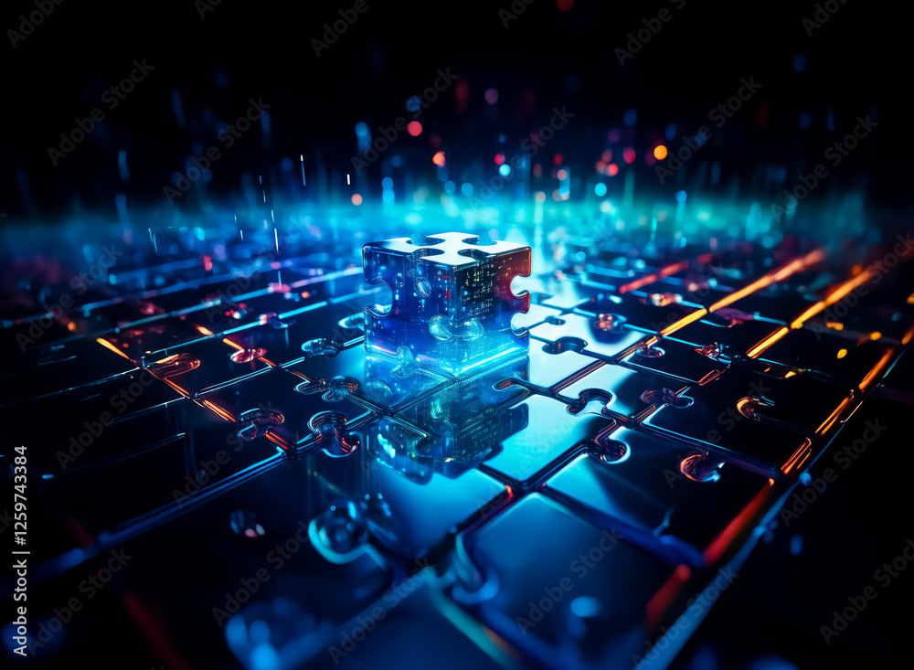 Leinwandbilder luminous puzzle piece atop a grid emits vibrant light with bokeh effects, creating a futuristic, tec
